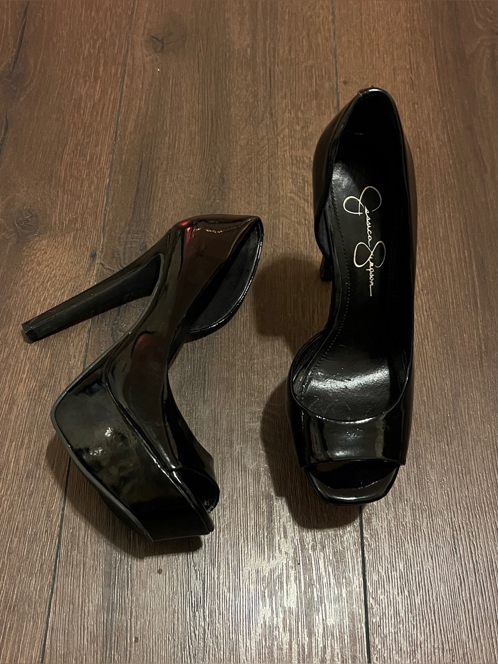 Jessica Simpson Black Patent Peep-Toe Platform Stilettos
